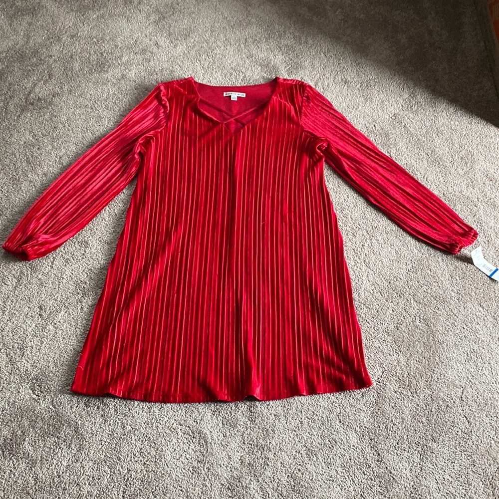 Madison Leigh Red Pleated Velour Dress SIZE XL Long Sleeve Holiday Party Swing